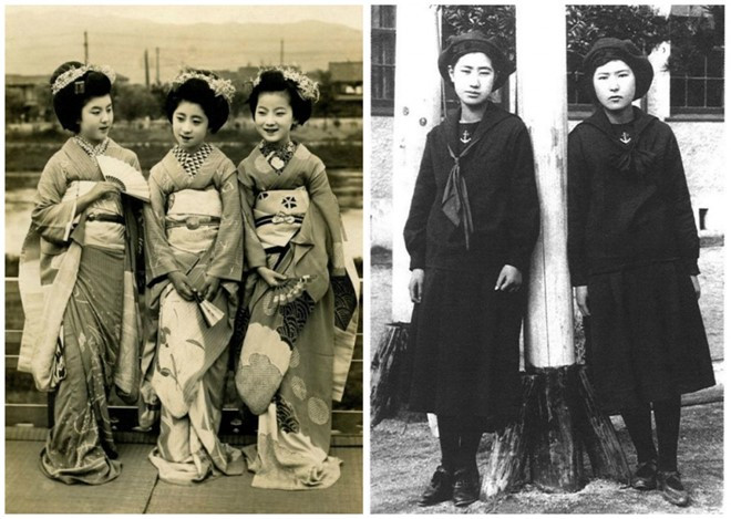 Ba cô gái Maiko (đang được học đàn, hát, múa…để trở thành Geisha) thư giãn trên ban công (trái). Hai nữ sinh tại một trường học ở thành phố Fukuoka - cái nôi của đồng phục thủy thủ dành cho nữ sinh Nhật Bản (phải).