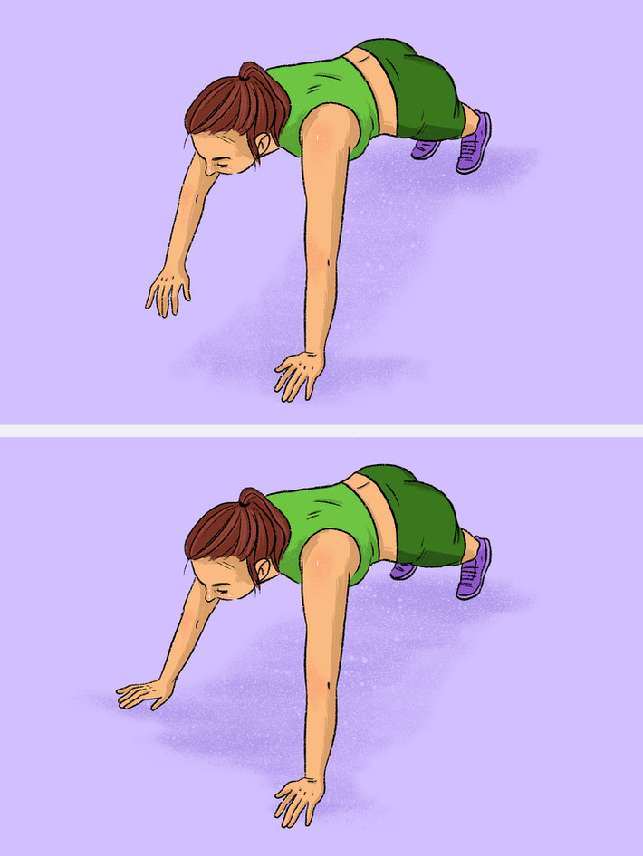 Plank nhấc tay: Động tác này giúp làm săn chắc bắp tay, cơ lưng và bụng. Ở tư thế plank, lần lượt nhấc từng tay lên mỗi bên 20 lần.