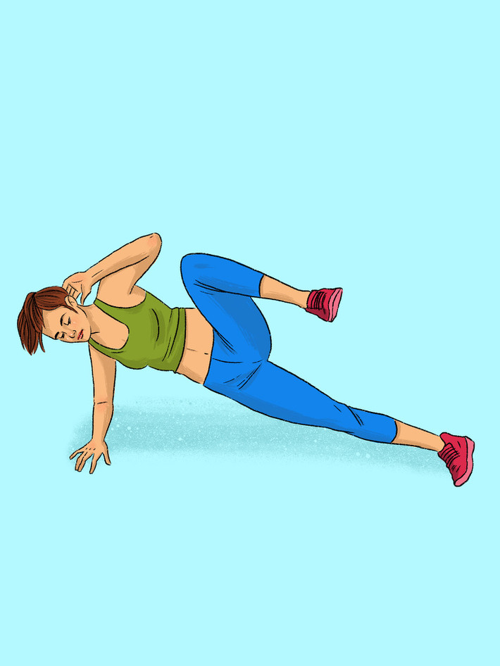 Plank nghiêng rút gối: Có tác dụng tương tự động tác trước, cộng thêm việc làm săn chắc vòng ba.Giữ nguyên tư thế ở động tác trước, thực hiện rút gối thay vì đá chân. Lặp lại động tác mỗi bên 20 lần.