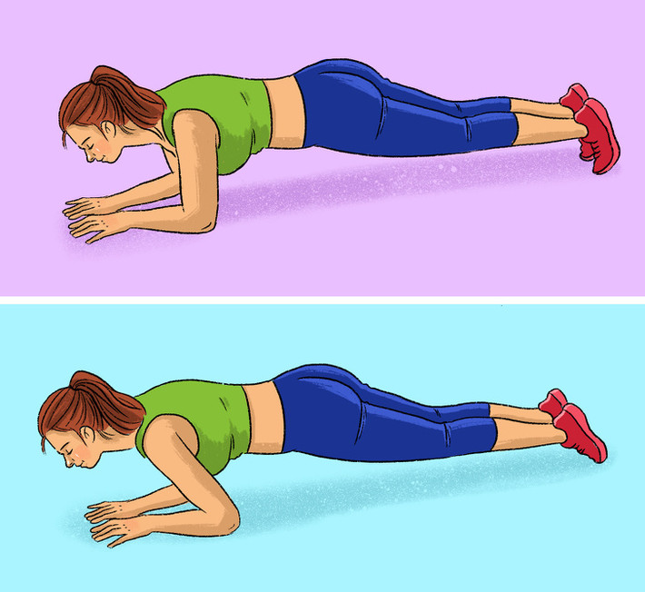 Plank đẩy người: Động tác này giúp cơ bụng săn chắc và làm thon gọn bắp tay, bắp chân. Plank với khuỷu tay chống xuống đất, mũi chân kiễng. Đẩy người tiến lên phía trước bằng mũi chân rồi trở lại tư thế ban đầu. Lặp lại động tác 20 lần.