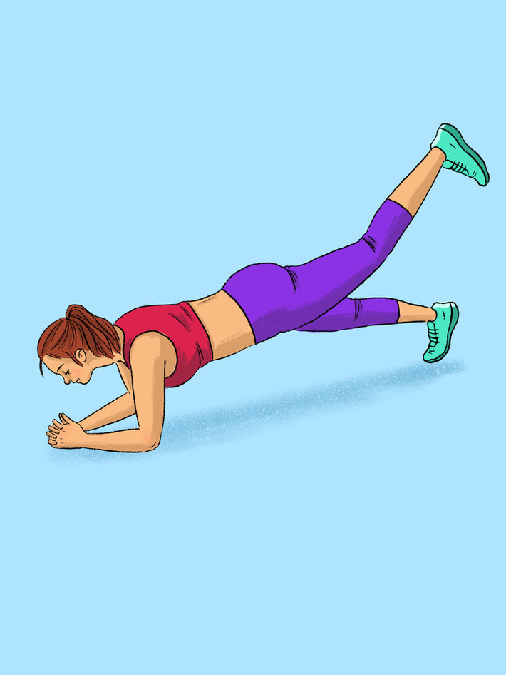Plank một chân: Động tác này tập cho vùng nửa thân dưới. Thực hiện động tác plank với một chân giơ cao. Giữ tư thế trong 20 - 30 giây rồi đổi bên.