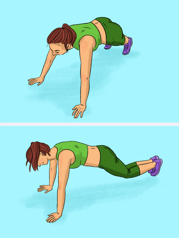 Plank bật chụm chân: Động tác này giúp làm săn chắc cơ bụng, mông, hông và bắp chân. Ở tư thế plank với hai chân rộng bằng một vai, dùng cơ bụng và chân bật nhảy, đưa hai chân chụm lại. Lặp lại 20 lần.