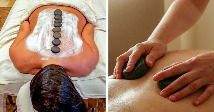 Massage đá nóng Những viên đá mịn ấm được đặt trên những điểm chính trên cơ thể bạn và hơi ấm của viên đá giúp loại bỏ cơ bắp mềm và không còn căng. Sức nóng từ những viên đá giúp nhà trị liệu dễ dàng tiếp cận với các lớp cơ sâu hơn và loại bỏ cơn đau. Bạn có thể kết hợp kiểu massage này với người khác và nuông chiều bản thân hơn nữa!