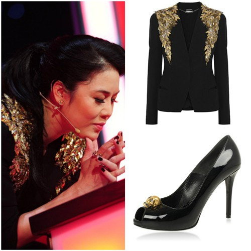 Trong buổi ghi hình vòng Giấu mặt, Thu Phương diện blazer phủ chi tiết kim loại tinh xảo có giá bán gần 160 triệu đồng, đi cùng giầy cao gót cùng thương hiệu có giá hơn 18 triệu đồng.
