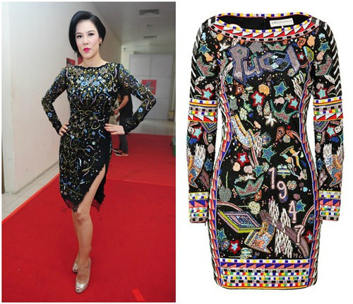 Danh sách váy áo hiệu còn được nối dài bởi thiết kế đầm ngắn Emilio Pucci ôm sát gợi cảm, kết đính công phu có giá niêm yết đến 185 triệu đồng.
