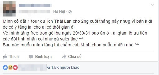 "Tặng chuyến du lịch miễn phí 3 ngày 29-31/2" mấy ngày nay cũng trở thành trào lưu trên mạng xã hội.