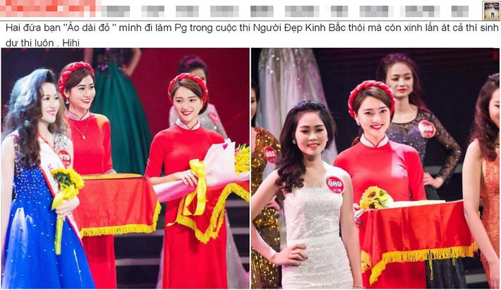 Rất nhanh chóng, những khoảnh khắc chụp cô gái xinh đẹp này được bạn bè nhận ra và chia sẻ lên mạng với dòng chú thích: "Hai đứa bạn "áo dài đỏ" mình đi là PG trong cuộc thi Người đẹp Kinh Bắc thôi mà còn xinh lấn át cả thí sinh dự thi luôn". Dòng chia sẻ này sau đó được một Fanpage Facebook có hơn 1,7 triệu thành viên đăng tải lại. Vẻ đẹp cùng ngoại hình nổi bật của cô gái mặc áo dài đỏ trong ảnh (phải) khiến cô bất ngờ nổi tiếng và trở thành "mục tiêu" truy tìm danh tính của cư dân mạng. Ảnh chụp màn hình Beat.
