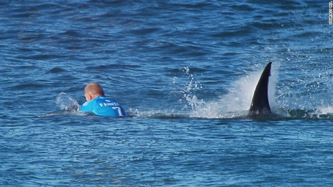 Đoạn phim phát sóng trực tiếp trên truyền hình cho thấy con cá mập tấn công Mick Fanning từ phía sau, khi anh đang chờ sóng lớn để lướt ván.