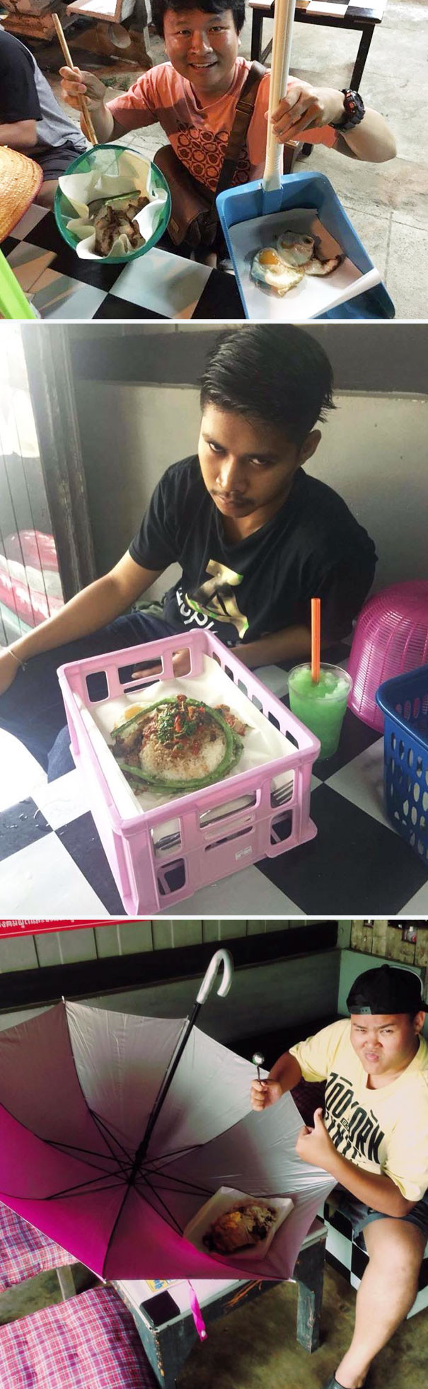 Ở Thái Lan các vật dụng thường xuyên như ô, hót rác, vợt cá sẽ được trưng dụng đựng đồ ăn bất cứ lúc nào.
