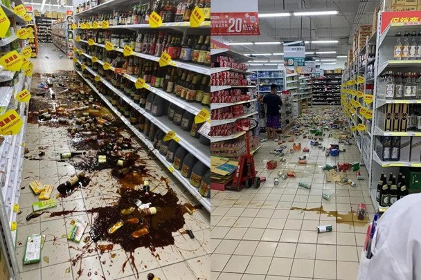 Cảnh tan hoang trong một siêu thị ở Đài Bắc. Ảnh: SINA, AP, Reuters.