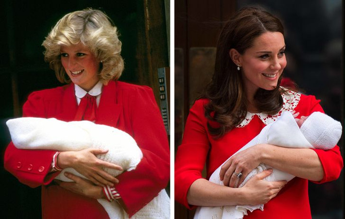 Năm 1984, công nương Diana xuất hiện rạng rỡ sau khi sinh con. Vào năm 2018, con dâu của công nương Diana là công nương Kate Middleton xuất hiện trước công chúng với gương mặt tràn đầy niềm vui sau khi sinh con. Cả hai chọn trang phục đỏ, trắng nổi bật.