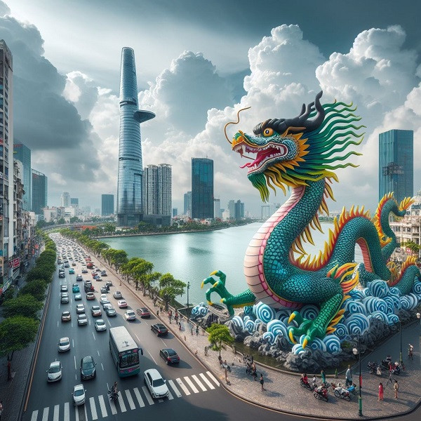 Kết quả của từ khóa "Rồng trên đường phố TP.HCM, có tòa tháp Landmark81". Tuy nhiên AI lại cho ra hình tòa tháp Bitexco và còn cao, dài hơn kích cỡ chuẩn.