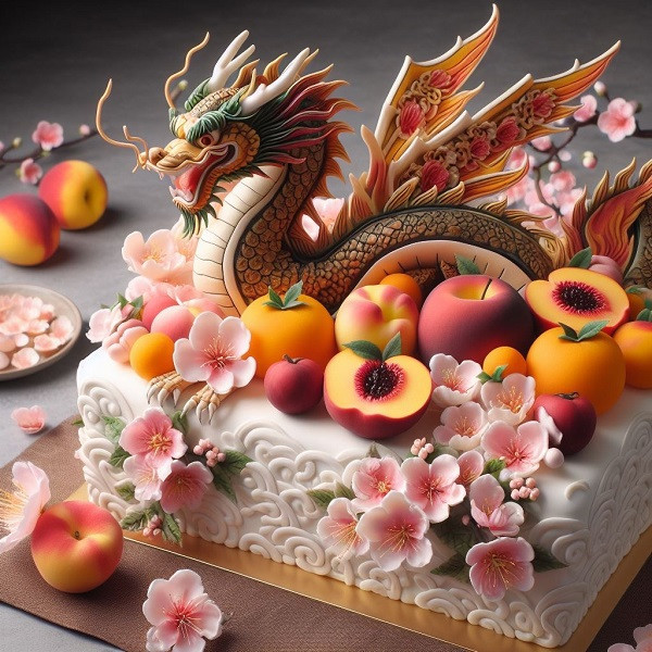 Còn đây là tác phẩm "Rồng và bánh chưng, hoa đào". Bánh chưng bị biến thành bánh gato. Nhìn chung, AI tạo hình ảnh đã làm nên những điều thú vị nhưng mặt hạn chế còn tồn tại khá nhiều.