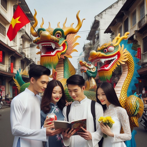 Bức hình được tạo bởi từ khóa "hai cô gái và cặp rồng ở phố cổ Hà Nội", nhưng AI đã vẽ thêm hai chàng trai và cờ đỏ sao vàng. Ngoài ra mặt mũi những người này toe toét lỗi, mắt bị nhắm.