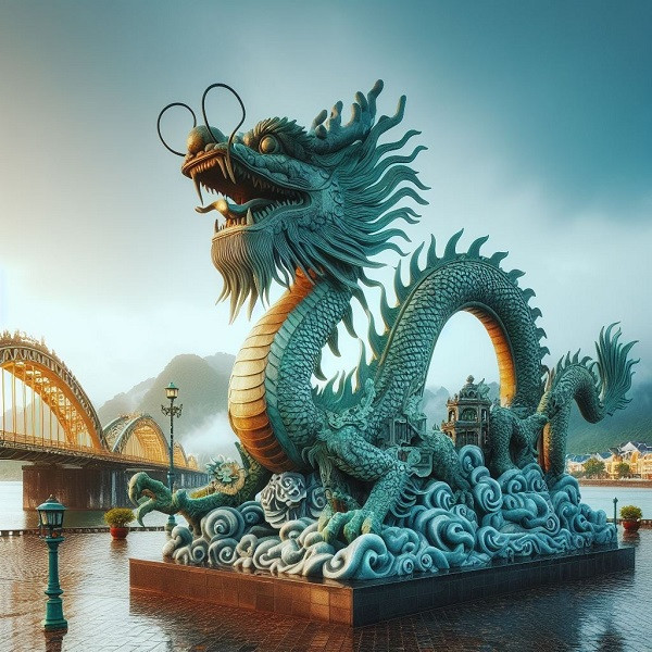"Rồng ở cầu Trường Tiền và sông Hương, Huế", phần mềm trí tuệ nhân tạo đã tạo ra bức ảnh như trên, cây cầu AI vẽ vẫn chưa đúng như cầu thật.