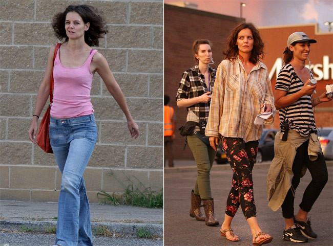 Phong cách thời trang của Katie Holmes rất khó gọi tên đặc biệt với kiểu quần hoa, áo kẻ nhàu nhĩ thế này. (Ảnh AKM-GSI)