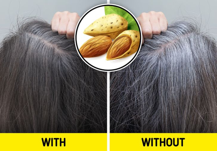 7. Dầu hạnh nhân ngọt: Hạnh nhân chứa nhiều vitamin E và A, cả hai chất dinh dưỡng quan trọng để giữ cho mái tóc luôn đen bóng. Thường xuyên xoa bóp tóc với vài giọt dầu hạnh nhân có thể giúp sợi tóc chắc khỏe và ngăn ngừa tóc bạc sớm.
