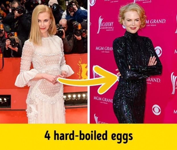 Nicole Kidman: Sau khi sinh con, Nicole phải ăn kiêng khắc nghiệt cho các dự án trong tương lai. Chế độ ăn kiêng của cô gồm 4 quả trứng luộc một ngày: bữa sáng 1 quả, bữa trưa 1 quả, bữa tối 2 quả. Chế độ dinh dưỡng này rất không tốt và không cân bằng, nhưng nữ diễn viên đã giảm cân nhiều hơn cả mong đợi.