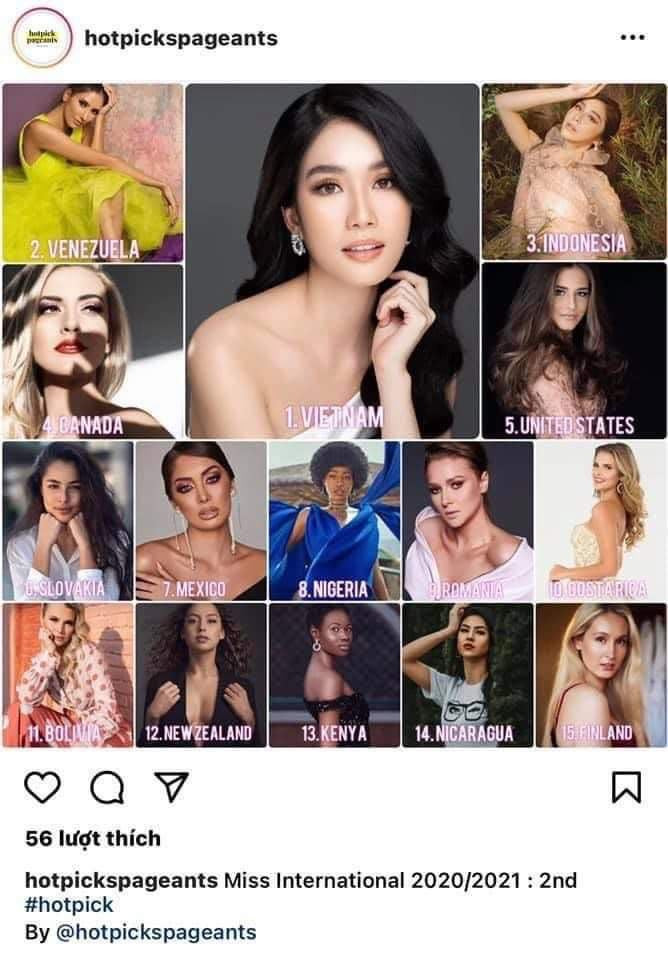 Vừa qua, diễn đàn sắc đẹp thế giới trên mạng xã hội Instagram – hotpickspageants đã đăng tải hình ảnh Phạm Ngọc Phương Anh đứng đầu BXH của fan sắc đẹp quốc tế đối với cuộc thi Miss International.
