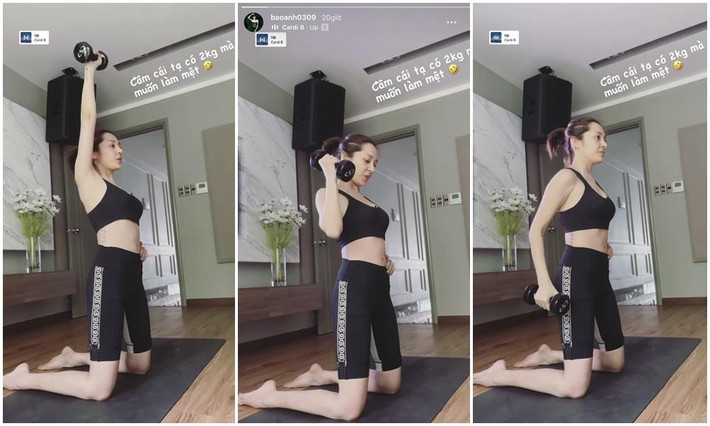 Bảo Anh kết hợp với tạ để tập bài tập giữ lưng thẳng, bụng thon.