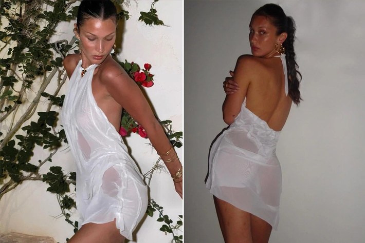 Mới đây, Bella Hadid đăng ảnh diện váy 2.840 USD của Di Petsa trên trang cá nhân hôm 15/8. Bộ váy làm từ vải tái chế, tạo hiệu ứng ướt sũng nhờ kỹ thuật khâu và xếp nếp đặc trưng của nhà thiết kế Dimitra Petsa.