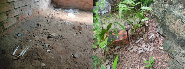 Bên trong nhiều biệt thự bỏ hoang tại Khu đô thị mới Cầu Bươu nhan nhản kim tiêm vứt la liệt giữa nền nhà, nhiều vỏ thuốc, bơm kim tiêm đã qua sử dụng nằm khuất sau đám cỏ. Mùi hôi thối, ẩm mốc bốc lên nồng nặc.
