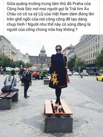 Từ tranh cãi của Kim Lý và Hồ Ngọc Hà, Lệ Quyên đã vô tình bị lôi lại quá khứ: "Ô, sao nhiều người bênh thế nhỉ. Nhớ trước Lệ Quyên đứng trên ghế công cộng cũng ở nước ngoài chụp hình thì bị chửi sấp mặt mà". Còn nhớ năm 2015, Lệ Quyên - người bạn từng thân thiết với Hồ Ngọc Hà cũng bị chỉ trích vì bức ảnh đứng trên ghế công cộng chụp hình. Theo thông tin, bức ảnh được ghi tại quảng trường Wenceslas, trung tâm thủ đô Prague, Cộng hòa Séc. Trong hình, nữ ca sĩ ăn mặc thời trang, đeo kính sành điệu vô tư đứng trên chiếc ghế gỗ.