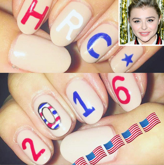 Nữ diễn viên trẻ Chloe Grace Moretz lại ủng hộ bà Hillary bằng cách vẽ chữ HRC 2016 lên móng tay.