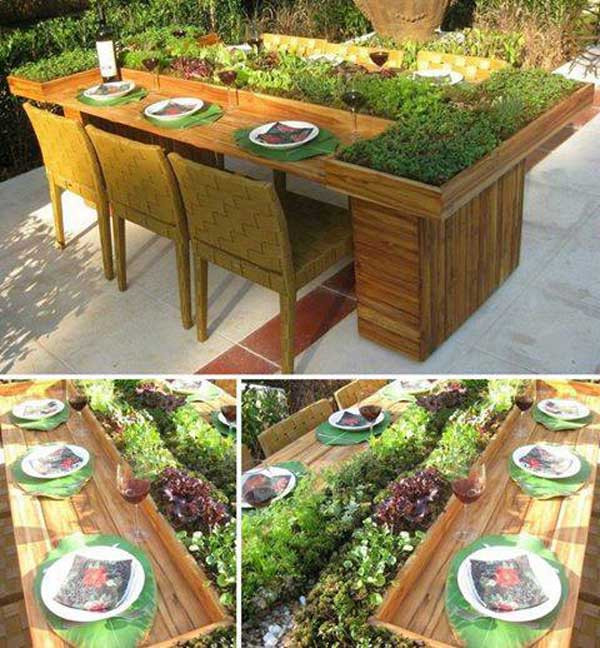 Bạn có thể tự trồng một luống rau ngay trên bàn ăn vừa để trang trí vừa để thu hoạch rau xanh. Ý tưởng trang trí bàn tiệc với rau cỏ sẽ giúp không gian ăn uống của gia đình bạn thêm thân thiện với môi trường.
