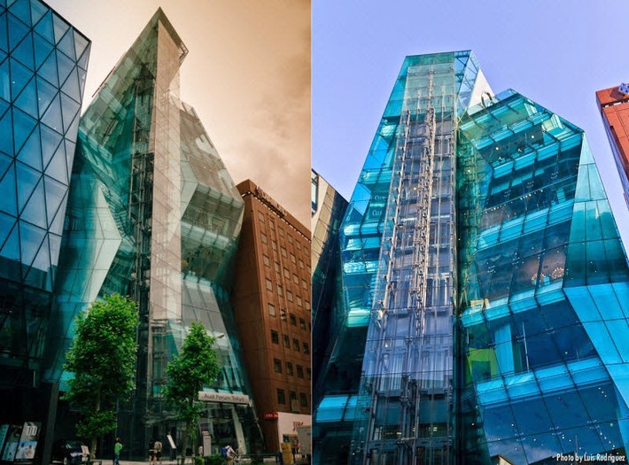 Tòa nhà ấn tượng đầu tiên là Audi Forum Tokyo: Được thiết kế bởi Creative Designers International, tòa nhà Audi Forum tại Omotesando được mệnh danh là “tảng băng trôi” bởi thiết kế dạng tinh thể kính, đường cong mềm mại cùng chiều cao vượt trội so với các tòa nhà liền kề.