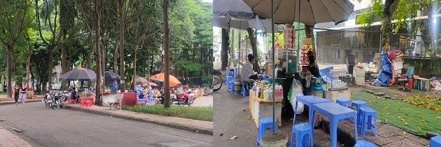 Nhiều hàng quán nhếch nhác vô tư bán hàng trong khuôn viên công viên.