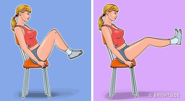 Giơ chân lên cao: Bài tập này tăng cường cơ vùng bụng, giúp đốt cháy mỡ thừa hiệu quả. Cách thực hiện: Dựa lưng vào ghế và đặt hai chân sát nhau. Từ từ nâng đầu gối về phái ngực và giữ trong 3 giây. Sau đó duỗi thẳng hai chân ra, song song với mặt đất và giữ trong 3 giây. Lặp lại động tác này 10 lần.