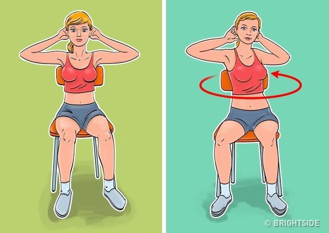 Vặn mình: Bài tập này tác động đến các cơ bụng xiên, giúp chúng khỏe mạnh hơn. Cách thực hiện: Ngồi thẳng, lưng chạm vào ghế, đặt hai tay ra sau gáy. Xoay phần thân trên sang phải, giữ trong 3 giây rồi xoay sang trái. Lưu ý giữ nguyên hông và chân. Lặp lại động tác này 10 lần.
