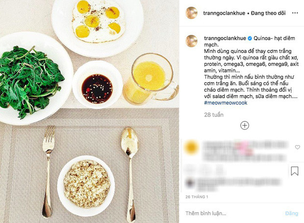 Sau khi lấy chồng, Instagram của Lan Khuê ngập tràn những hình ảnh các món ăn gia đình do chính tay cô tự nấu mỗi ngày. Và điều đặc biệt là Lan Khuê cũng dùng hạt quinoa để thay cơm trắng thường ngày.