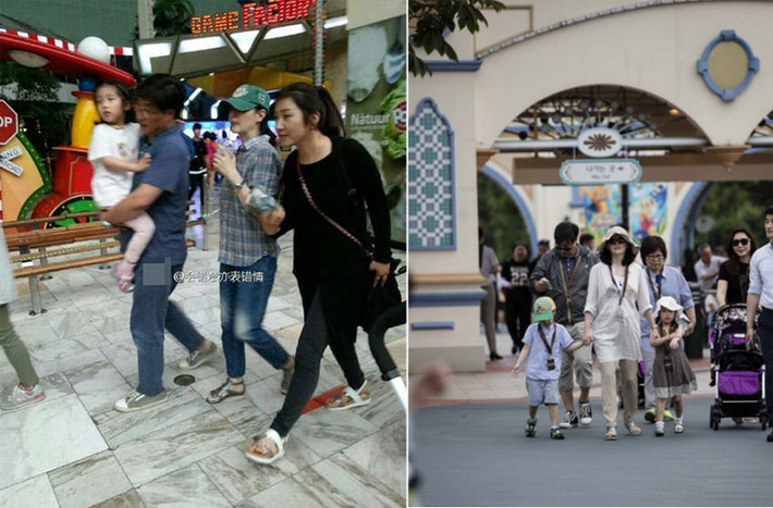 Nàng Dae Jang Geum ăn mặc giản dị dắt con đi chơi công viên.