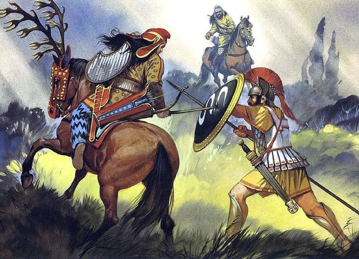 Người Scythia chiến đấu trên lưng ngựa. Họ luôn mang theo cung tên bên mình khi giao chiến với kẻ thù.