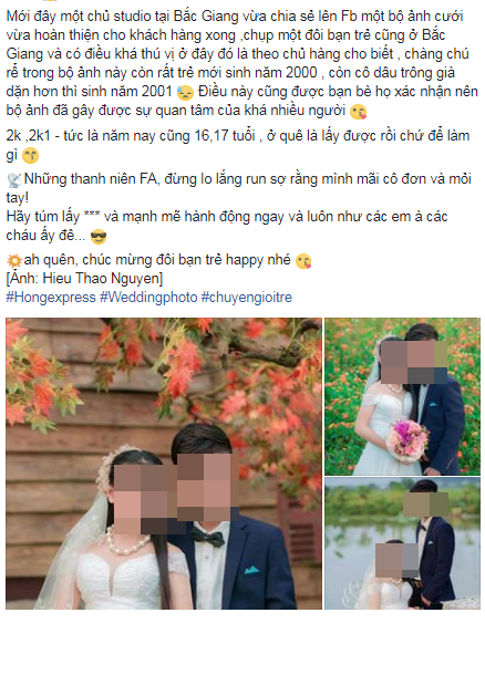 Mới đây, một bộ ảnh cưới của cặp đôi còn khá trẻ được cho là ở Bắc Giang lại tiếp tục trở thành chủ đề gây xôn xao khi trên mạng lan truyền thông tin về độ tuổi "Em chưa 18" của cả hai.