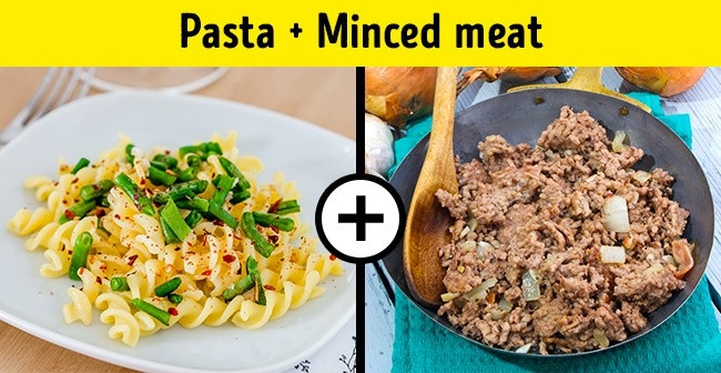Mỳ ống + thịt băm: Các tuyến nước bọt tạo ra ptyalin và amylase, làm chuyển hoá các tinh bột trong mì ống thành các loại đường đơn giản. Khi loại đường này kết hợp với protein trong thịt sẽ tạo ra một hỗn hợp hóa học nguy hiểm có thể dẫn đến bệnh tiểu đường và tim mạch. Ảnh: Brightside.