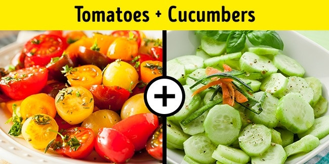 Cà chua + dưa chuột: Đây là một sự kết hợp thực phẩm rất phổ biến cho món salad. Tuy nhiên, nghiên cứu mới cho thấy kết hợp hai loại rau này có thể ảnh hưởng đến sinh hoá của cơ thể, như sự khó chịu, nôn nao và các vitamin có trong cả hai loại rau sẽ không được tiêu hóa đúng cách. Ảnh: Brightside.