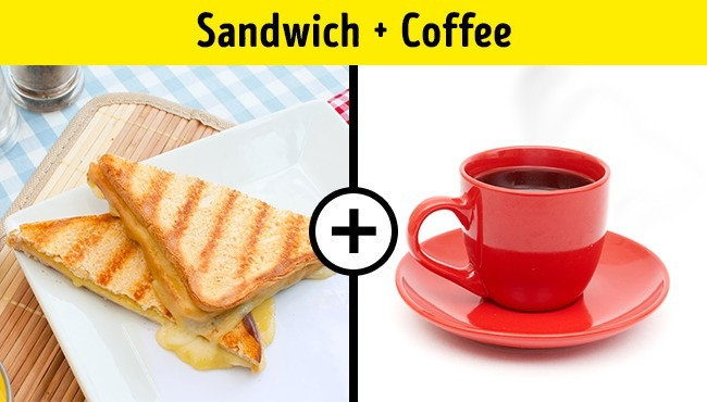 Bánh mì sandwich + cà phê: Bữa ăn sáng nhanh với sandwich và cà phê thường là lựa chọn rất phổ biến. Tuy nhiên, cặp thực phẩm này khi kết hợp lại gây hại cho sức khỏe. Tinh bột trong bánh mì khiến cơ thể cần nhiều canxi hơn để tiêu hoá và giúp hệ thống thần kinh, tim mạch hoạt động bình thường. Đặc biệt, nếu ăn cùng đồ uống có chứa caffeine và nicotin sẽ làm tăng lượng thải canxi qua đường nước tiểu. Ảnh: Brightside.