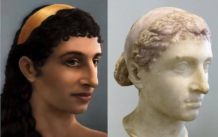 Thay vì sở hữu dung mạo diễm lệ, Nữ hoàng Cleopatra có vóc dáng nhỏ nhắn, gương mặt mang nét nam tính. Đặc biệt, bà có chiếc mũi khoằm kém xinh. Những chi tiết này cho thấy dung mạo của bà hoàng Ai Cập này đã được các nhà làm phim thay đổi khác xa thực tế.