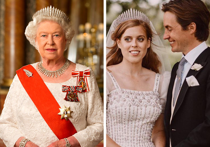 Vương miện kim cương Queen Mary Fringe ban đầu được làm cho Nữ hoàng Mary - bà của nữ hoàng Elizabeth II vào năm 1919. Vương miện được cấu thành bởi những hàng kim cương hình mũi nhọn và có thể đeo như một sợi dây chuyền. Nữ hoàng Elizabeth II đội vương miện Queen Mary Fringe trong lễ cưới năm 1947 với phu quân Philip. Nhiều thế hệ trong Hoàng gia Anh đã từng đội vương miện này. Trong đó, công chúa Beatrice (con gái của hoàng tử Andrew) được bà là Nữ hoàng Elizabeth II cho mượn vương miện Queen Mary Fringe để đội trong ngày cưới.