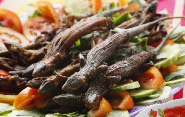 Món chả đùm thằn lằn ít có mùi vị riêng, món này các chị phụ nữ không còn thấy hình thù của nguyên liệu chính nữa vì đã được băm nhuyễn nên dễ ăn hơn. Món này ăn kèm bánh tráng nướng. Đặt một miếng chả đùm lên miếng bánh tráng nướng đưa vào miệng…Lẫn trong vị giòn của bánh tráng, mềm thơm của thịt heo, xực xực của nấm mèo là chút xương xương của… thằn lằn. Xét ra so với mấy món chả đùm thịt heo, thì món này cũng thú vị hơn hẳn.