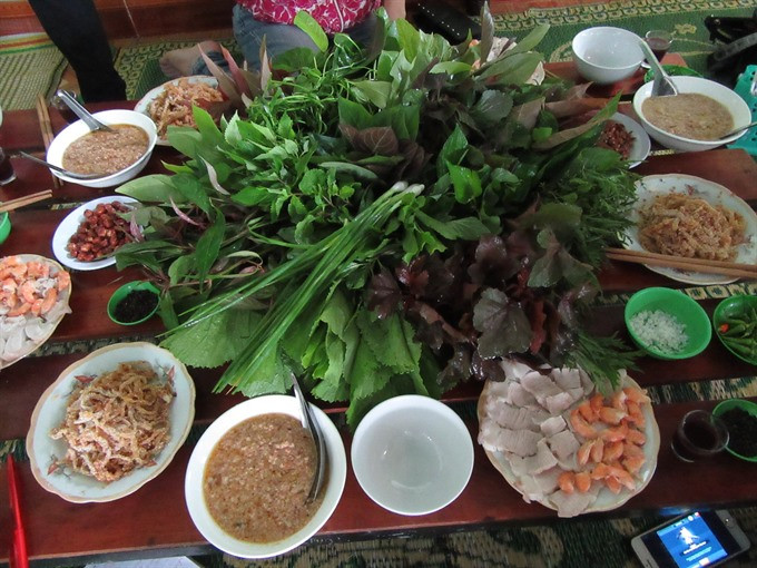 Bên cạnh đó, mâm gỏi lá còn có thêm các loại lá dễ tìm hơn như chùm ruột, ngũ gia bì, lá sung, lá ổi, lá xoài, đinh lăng, càng cua, tía tô, lá mơ, lá cải…