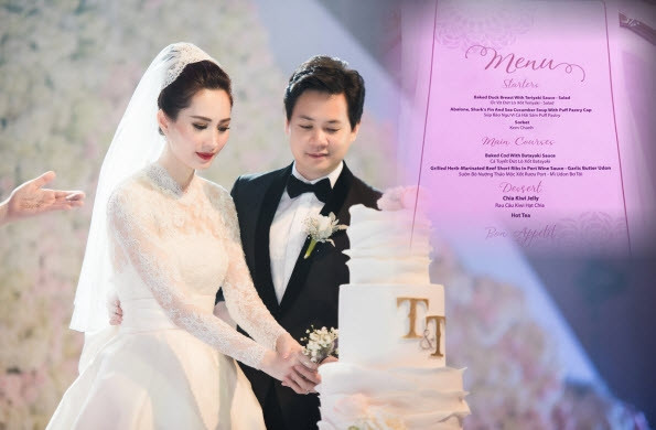 Đám cưới của Hoa Hậu Việt Nam 2012 Đặng Thu Thảo từng là đám cưới được dư luận quan tâm bậc nhất showbiz. Thực đơn chiêu đãi khách trong tiệc cưới của Đặng Thu Thảo và chồng Trung Tín đậm chất Âu Châu với điển hình của ẩm thực Pháp với hải sản bỏ lò, súp bào ngư vi cá...