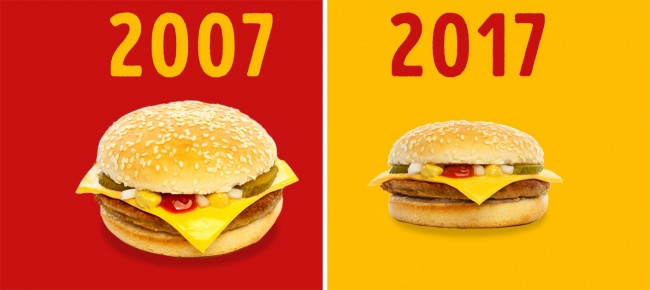 Lượng calo trong bánh hamburger của McDonald đã tăng lên đáng kể trong vòng 20 năm từ 333 calo đến 590. Trong khi hãng này khẳng định bánh của họ không thay đổi kích thước thì có một video đã chứng minh điều ngược lại. Ảnh: BS.
