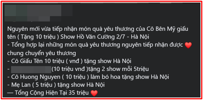 Mới đây, trong nhóm FC của Hồ Văn Cường, một tài khoản đã công khai số tiền mà những khán giả trong và ngoài nước gửi tặng cho Hồ Văn Cường trước thềm diễn ra đêm nhạc mới. Ảnh: Saostar