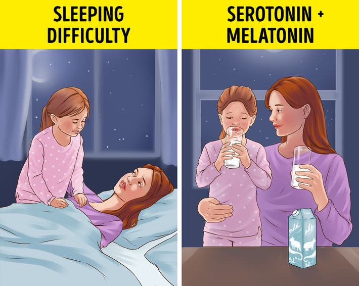 Sữa ấm là một trong những đồ uống “thần kỳ” giúp bạn có giấc ngủ sâu. Bởi, trong sữa chứa tryptophan tác dụng làm tăng serotonin trong não, giúp cho bạn cảm thấy thoải mái và dễ chìm vào giấc ngủ hơn.