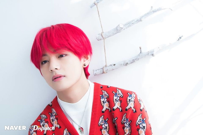Thành viên nhóm nhạc BTS nhiều lần gây ấn tượng với cách mặc đồ "ton sur ton" từ tóc cho tới quần áo và phụ kiện. Tháng 12/2018, V trông cực cuốn hút khi nhuộm mái tóc đỏ và mặc chiếc áo len đỏ cổ tròn, in nhiều hoạ tiết động vật.
