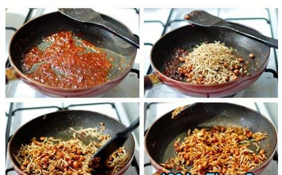 Pha hỗn hợp nước me với tỏi, ớt, đường… phi thơm tỏi đổ lạc và cá vào chảo rang vàng nhỏ lửa cho đến khi hỗn hợp nước sốt sền sệt là được. Ảnh: 123 món ngon mỗi ngày.